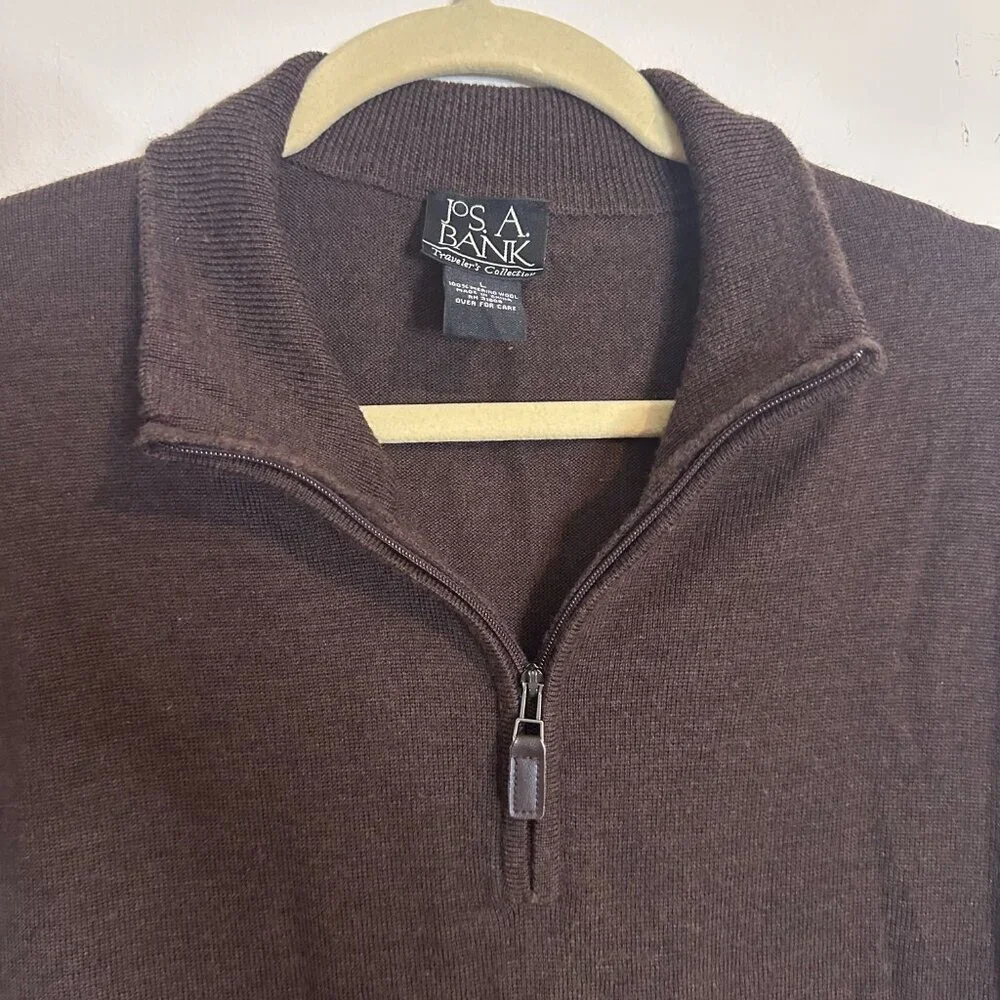 Jos. A. Bank Traveler Brown Quarter Zip Sweater 100% Merino Wool Preppy - Large